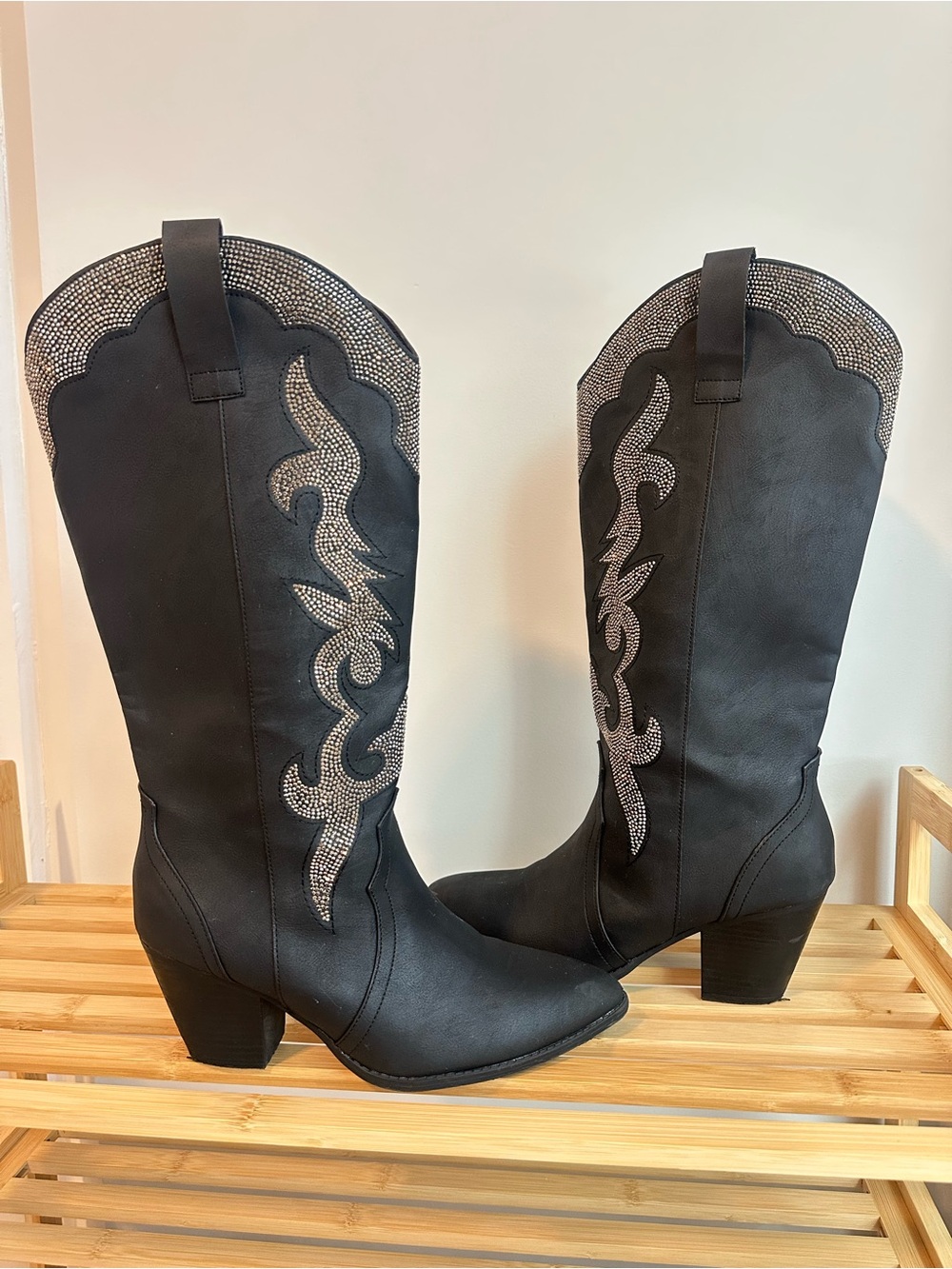 Women’s Black Western Knee-High Boots with Embellished Stitching